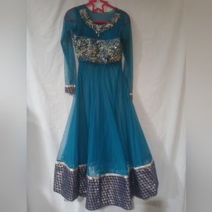 #30)Georgette Anarkali Teal Blue Dress Full Length/Size Medium